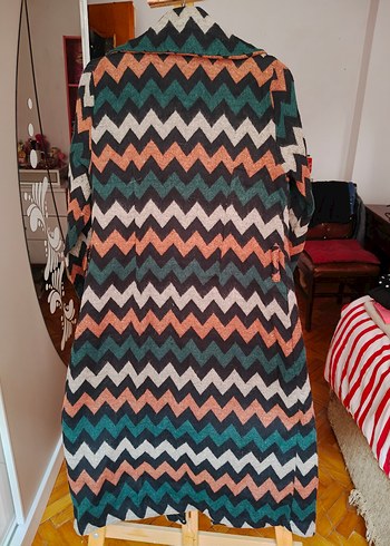 Düğmeli Çok Renkli Uzun Bohem Kadın Kabanı - Görsel 3