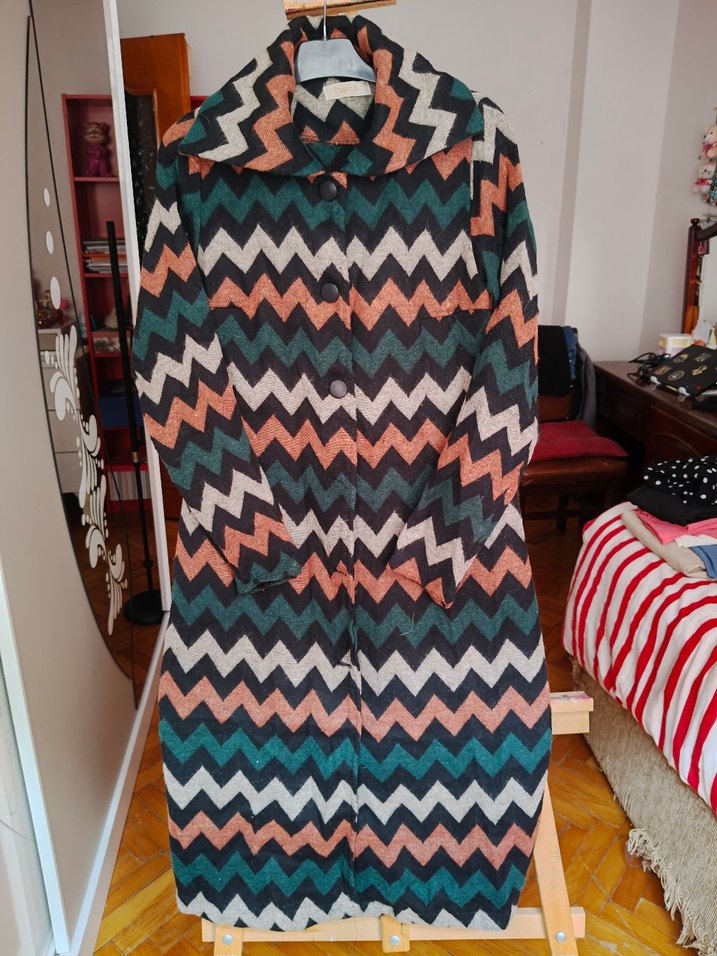 Düğmeli Çok Renkli Uzun Bohem Kadın Kabanı - Görsel 2