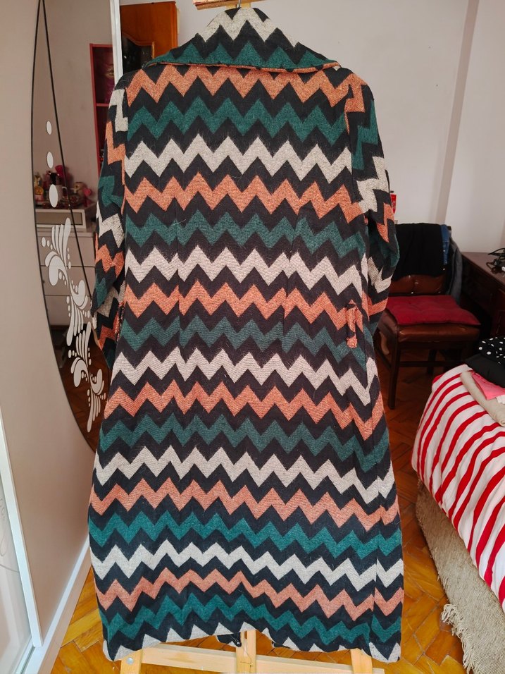 Düğmeli Çok Renkli Uzun Bohem Kadın Kabanı - Görsel 3