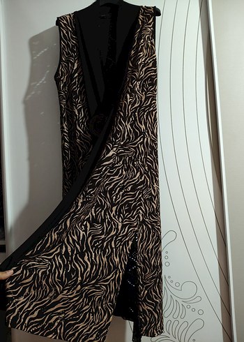 Kahverengi Zebra Desenli Uzun Kadın Yelek - Görsel 3