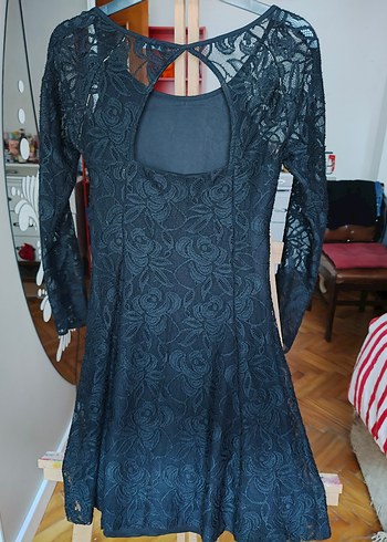 Dantel Detaylı siyah Mini Elbise - Görsel 4