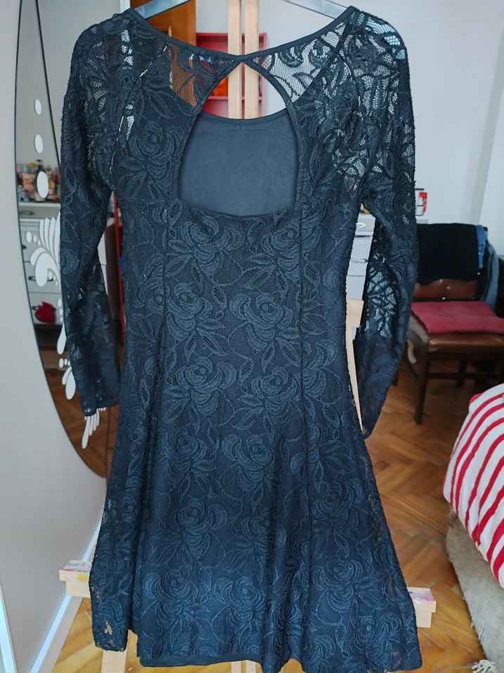 Dantel Detaylı siyah Mini Elbise - Görsel 4