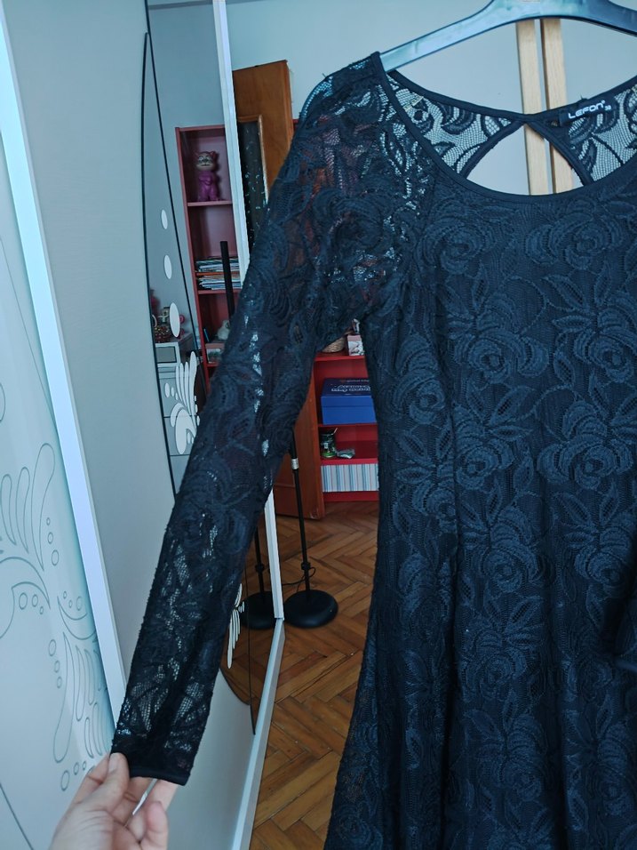 Dantel Detaylı siyah Mini Elbise - Görsel 2