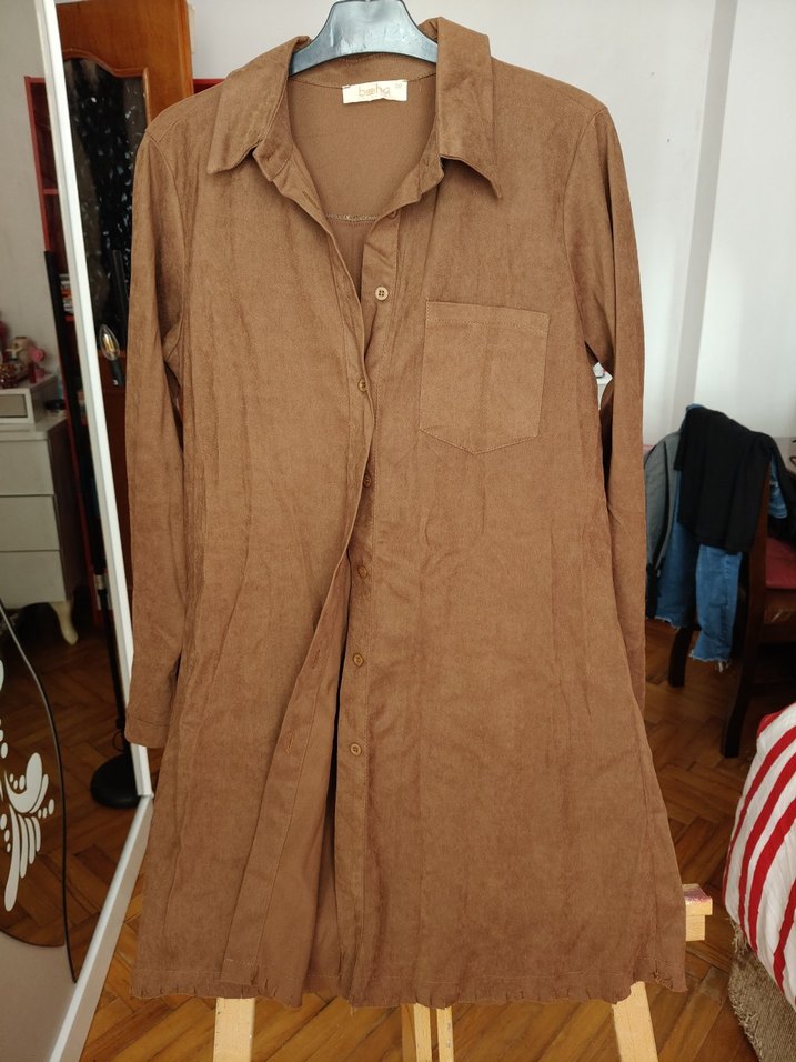 Düğmeli Uzun Süet Kadın Gömlek - Görsel 3