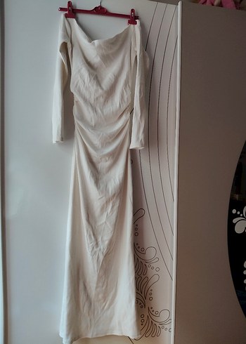 Beyaz Kadın Midi Elbise, Uzun Kollu, İnce Kesim - Görsel 4