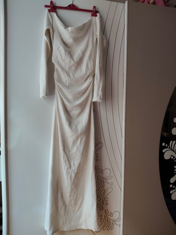 Beyaz Kadın Midi Elbise, Uzun Kollu, İnce Kesim - Görsel 4