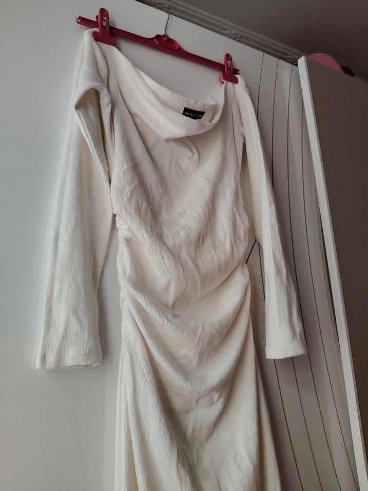 Beyaz Kadın Midi Elbise, Uzun Kollu, İnce Kesim - Görsel 2