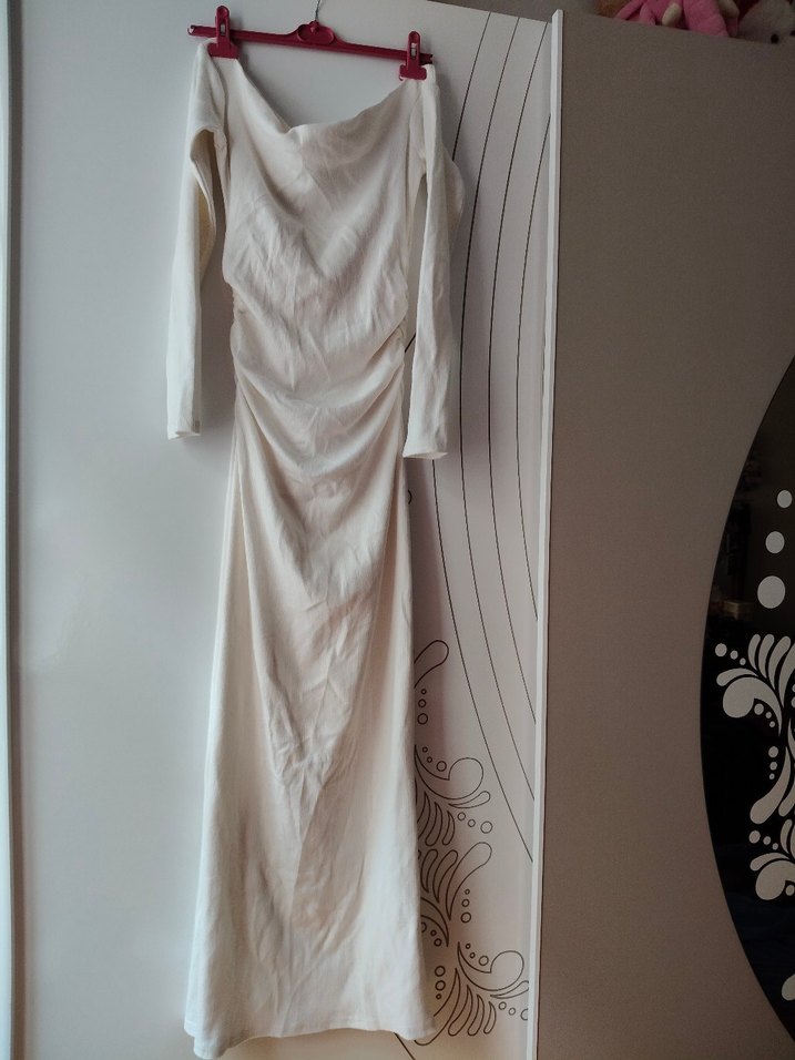 Beyaz Kadın Midi Elbise, Uzun Kollu, İnce Kesim - Görsel 3