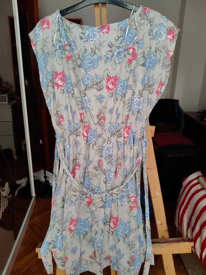 Bohem Gri Mini Elbise, Çiçek Desenli, Kolsuz - Görsel 2