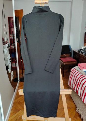 Gri Uzun Kollu Yüksek Yakalı Kadın Elbise - Görsel 2