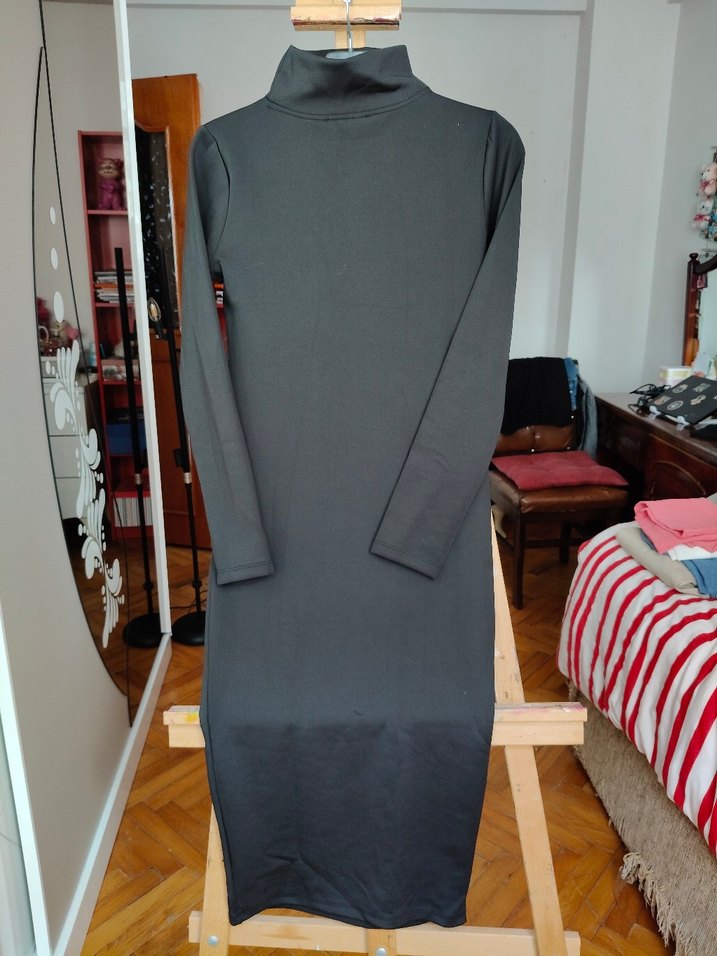 Gri Uzun Kollu Yüksek Yakalı Kadın Elbise - Görsel 2