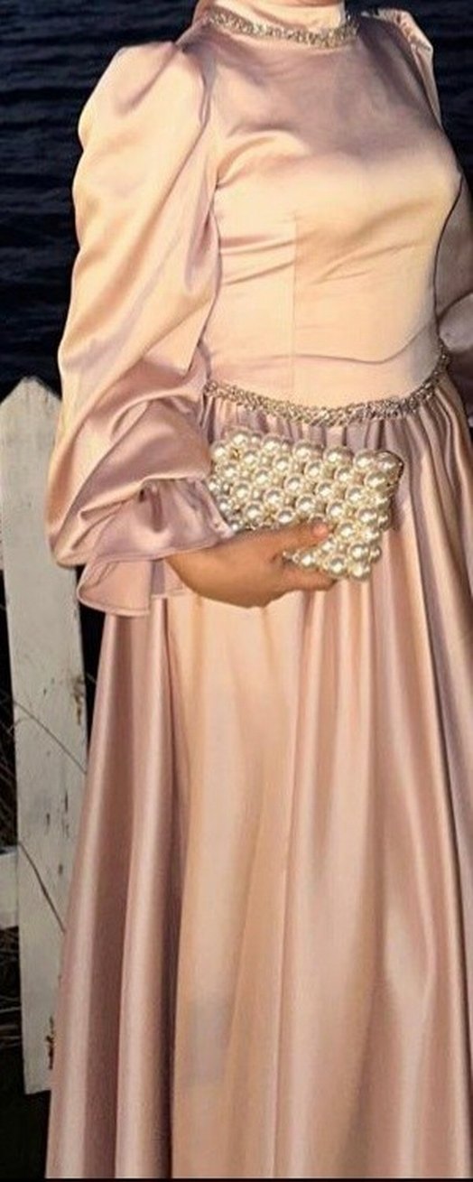 pudra pembesi Uzun Kollu Drapeli Uzun Abiye Elbise - Görsel 2