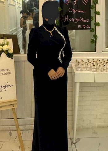 Uzun Kollu lacivert Gotik Abiye Elbise