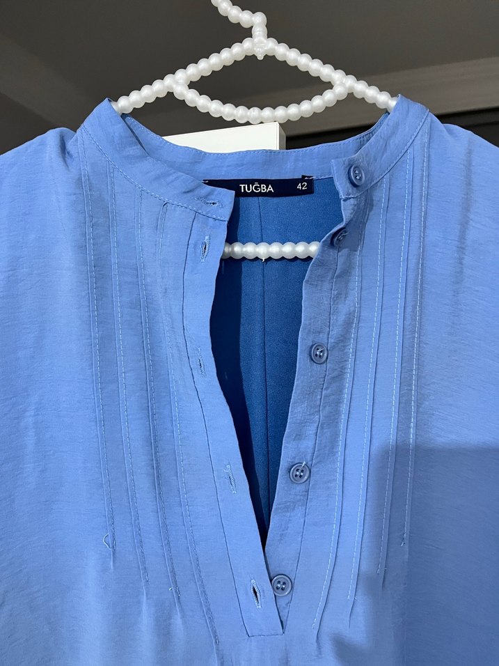 Mavi Nakışlı Uzun Keten Bohem Elbise - Görsel 2