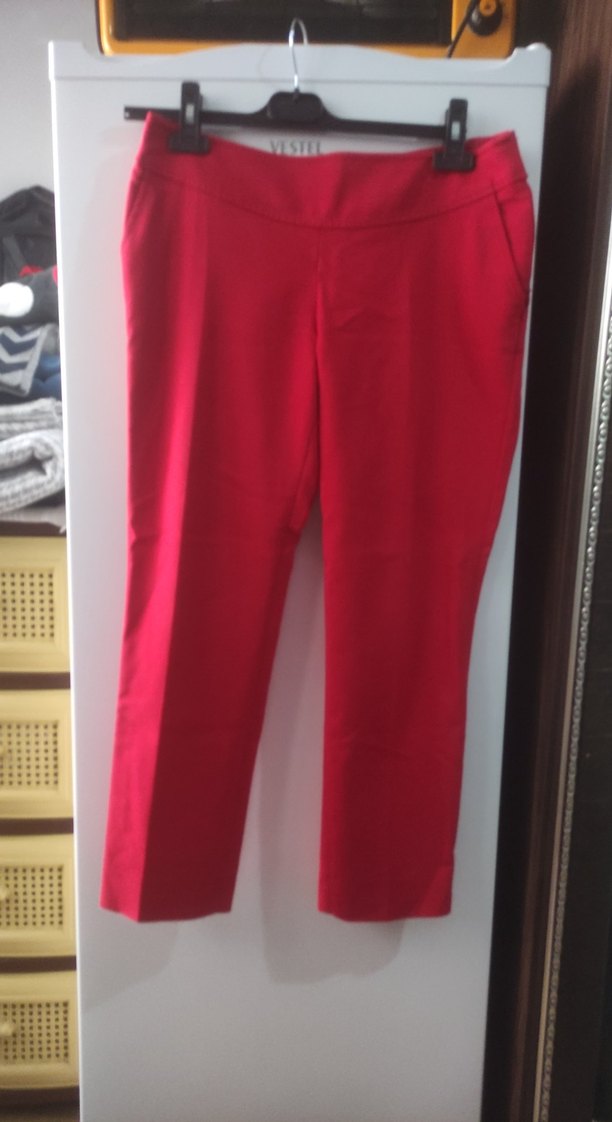 Kemerli Kırmızı Kadın Kumaş Pantolon - Görsel 2