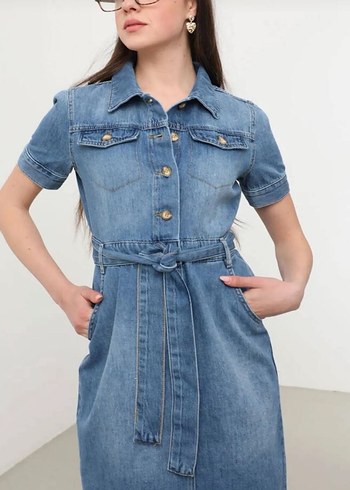 Mavi Jeans Blue White Kadın Kısa Kol Jean Elbise