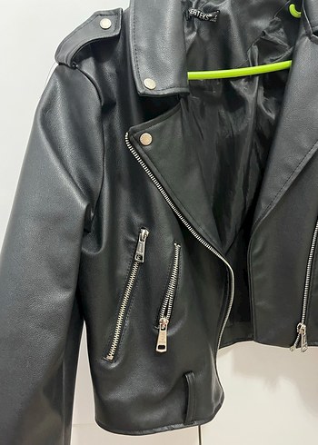 Kadın Siyah Deri Biker Ceket - Görsel 5