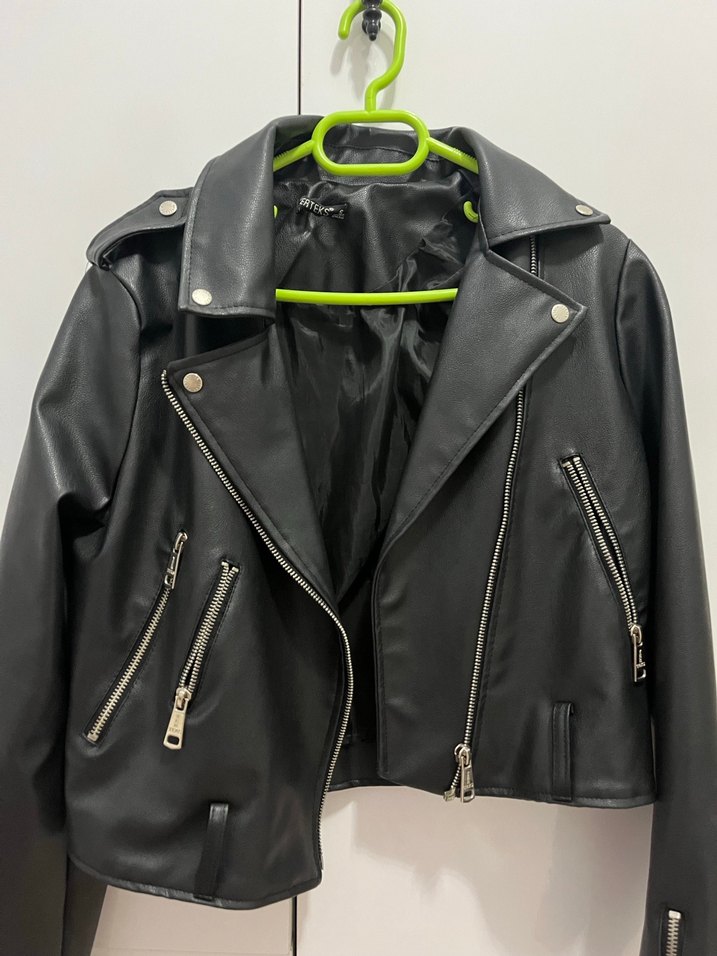 Kadın Siyah Deri Biker Ceket - Görsel 2