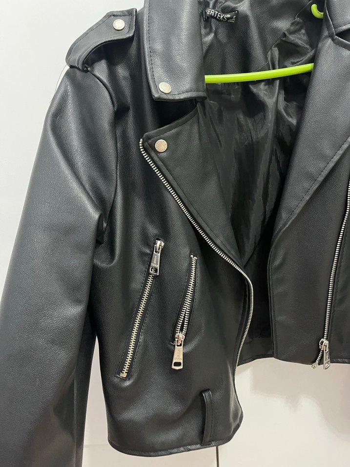 Kadın Siyah Deri Biker Ceket - Görsel 5