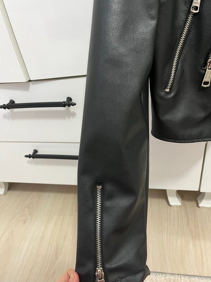 Kadın Siyah Deri Biker Ceket - Görsel 4