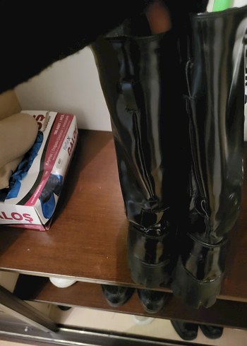 Siyah Deri Dizüstü Gotik Topuklu Çizme - Görsel 8