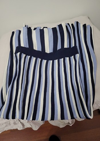 Mavi Çizgili ince triko Uzun Kadın Etek - Görsel 4