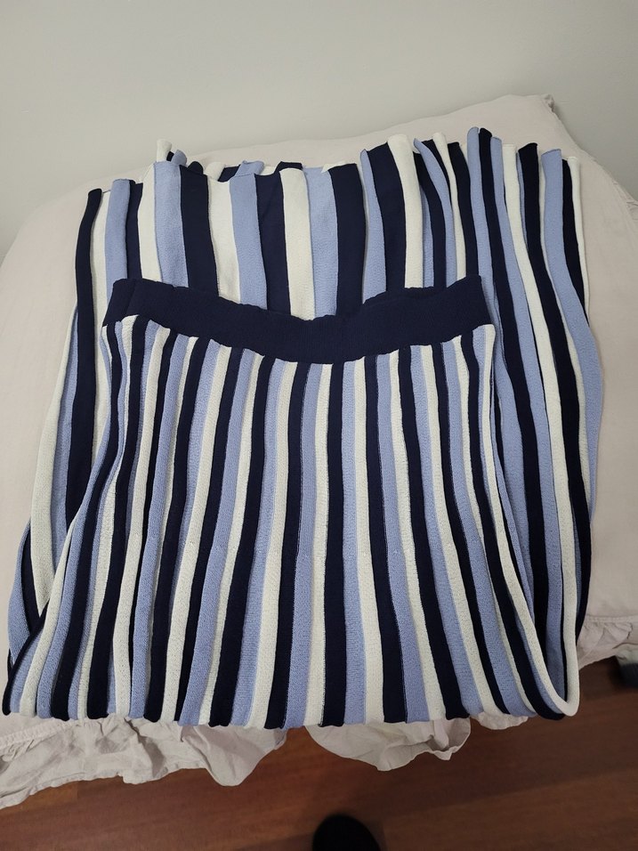 Mavi Çizgili ince triko Uzun Kadın Etek - Görsel 4