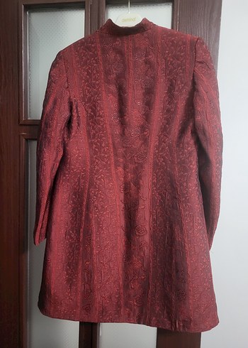 Bordo Düğmeli Uzun Kadın Klasik Ceket - Görsel 7