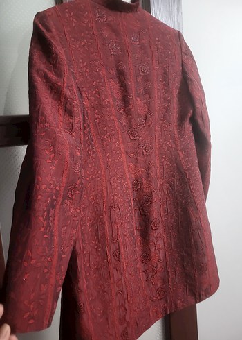 Bordo Düğmeli Uzun Kadın Klasik Ceket - Görsel 8