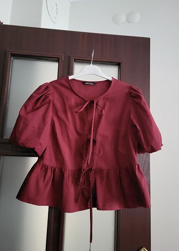 Defacto Bordo Bluz Düğmeli Kısa Kollu
