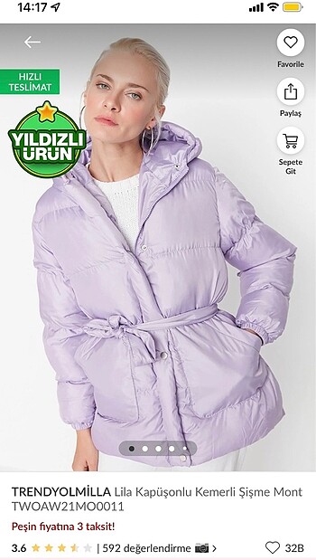 Kapüşonlu Kemerli Lila Şişme Mont