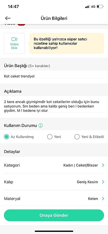 m Beden Trendyol kot ceket