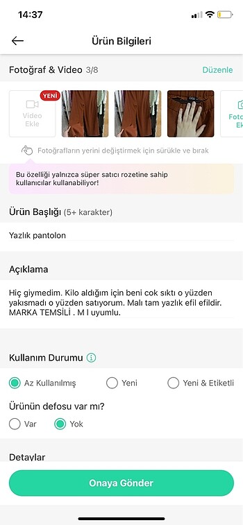 m Beden turuncu Renk Yazlık pantolon