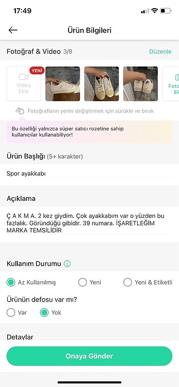 39 Beden beyaz Renk Spor ayakkabı