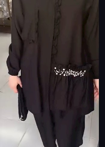 s Beden siyah Renk Drapeli Siyah Etnik Desenli Uzun Kollu Tunik takım
