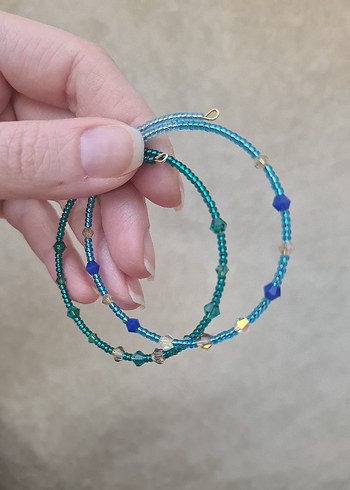 Swarovski Kristalli Mavi Yeşil Boncuklu Bohem Tel Bileklik - Görsel 2