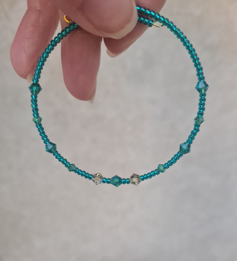 Swarovski Kristalli Mavi Yeşil Boncuklu Bohem Tel Bileklik - Görsel 4