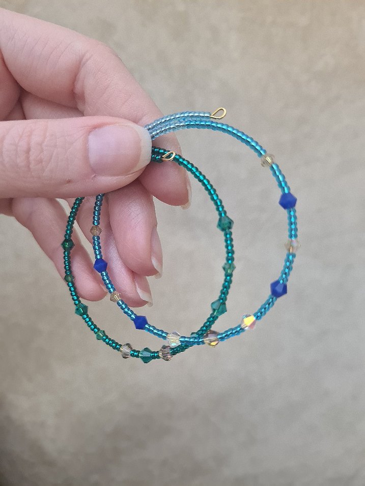 Swarovski Kristalli Mavi Yeşil Boncuklu Bohem Tel Bileklik - Görsel 2