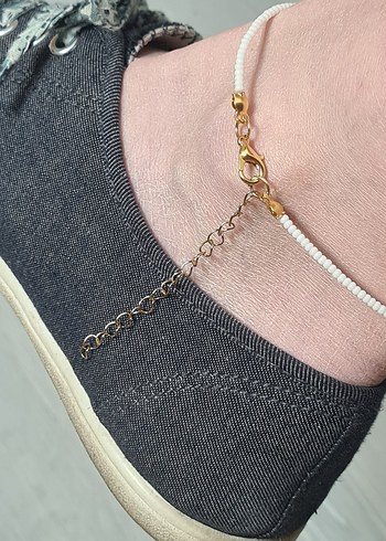 Beyaz Boncuklu Kadın Halhal - Uzatma Zincirli - Görsel 3