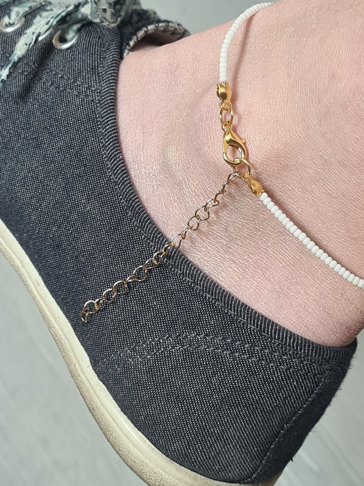 Beyaz Boncuklu Kadın Halhal - Uzatma Zincirli - Görsel 3