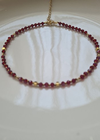 Bordo ve Altın Kaplama Boncuklu Kadın Kolye / Choker / Tasma - Görsel 4