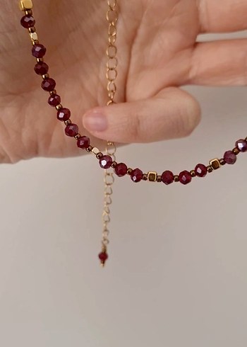 Bordo ve Altın Kaplama Boncuklu Kadın Kolye / Choker / Tasma - Görsel 10