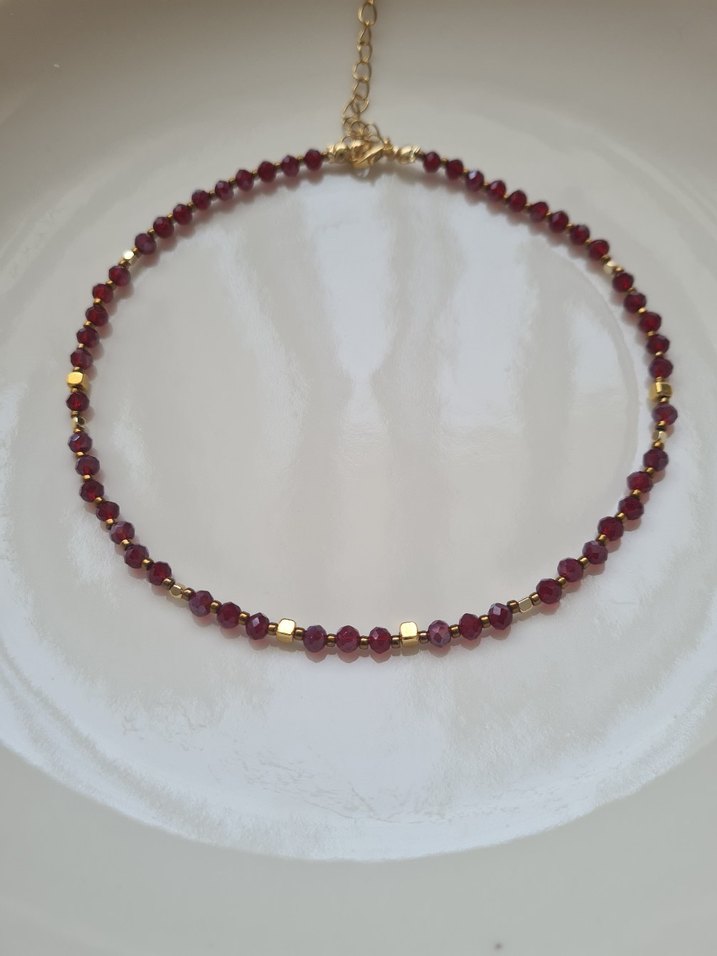 Bordo ve Altın Kaplama Boncuklu Kadın Kolye / Choker / Tasma - Görsel 5