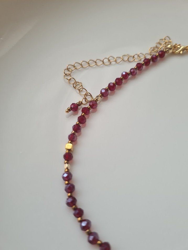 Bordo ve Altın Kaplama Boncuklu Kadın Kolye / Choker / Tasma - Görsel 3