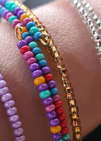 Renkli Boncuklu Bohem Kadın Bileklik Seti - Gold Silver Lila - Görsel 2