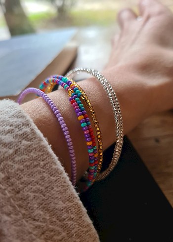 Renkli Boncuklu Bohem Kadın Bileklik Seti - Gold Silver Lila - Görsel 3