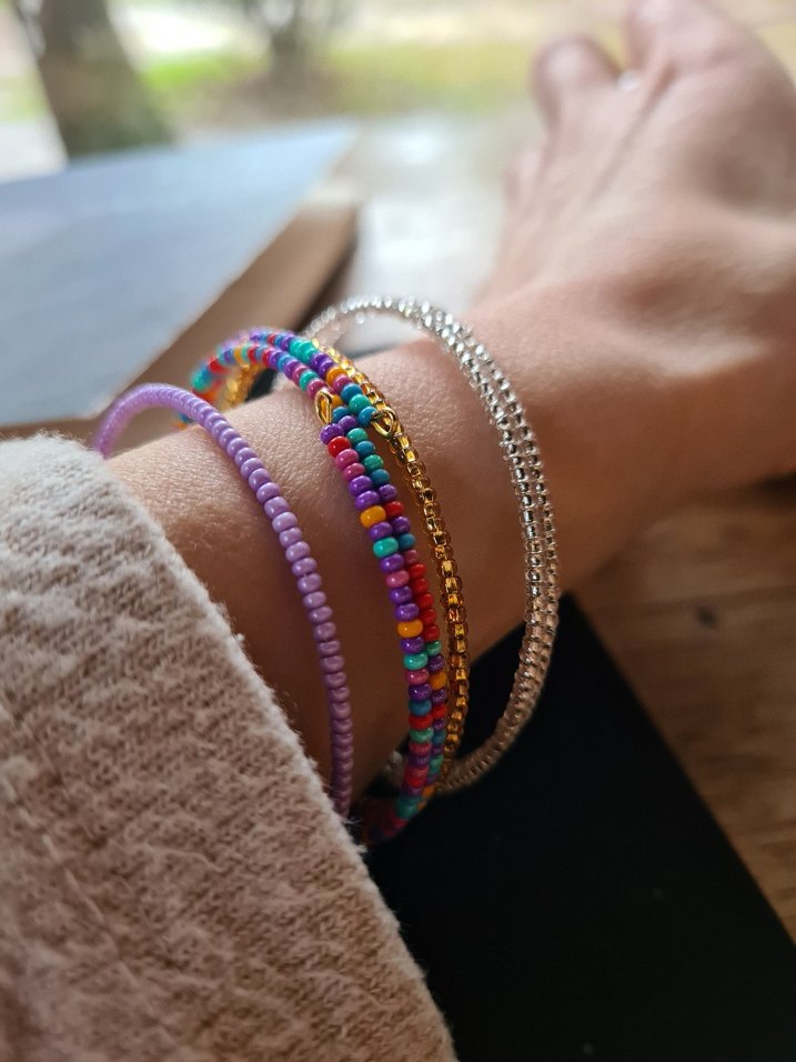 Renkli Boncuklu Bohem Kadın Bileklik Seti - Gold Silver Lila - Görsel 3