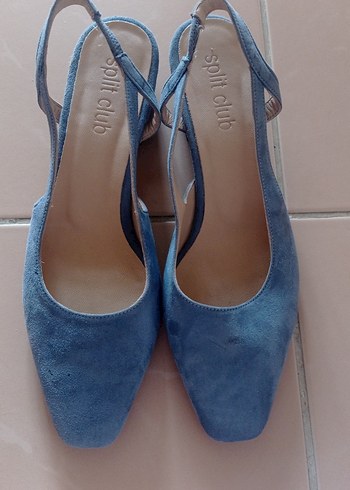 Mavi Süet Tokalı Blok Topuk Kadın Stiletto