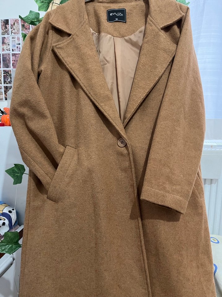 Bej Kadın Midi Yün Kaban Düğmeli - Görsel 2