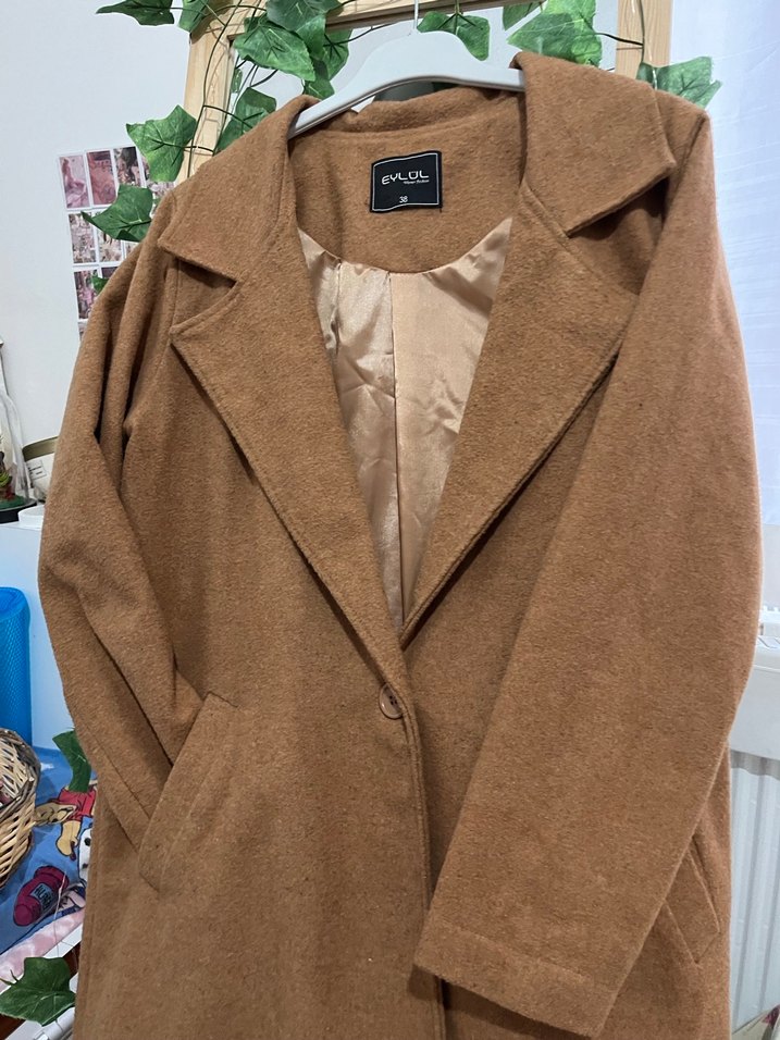 Bej Kadın Midi Yün Kaban Düğmeli - Görsel 4